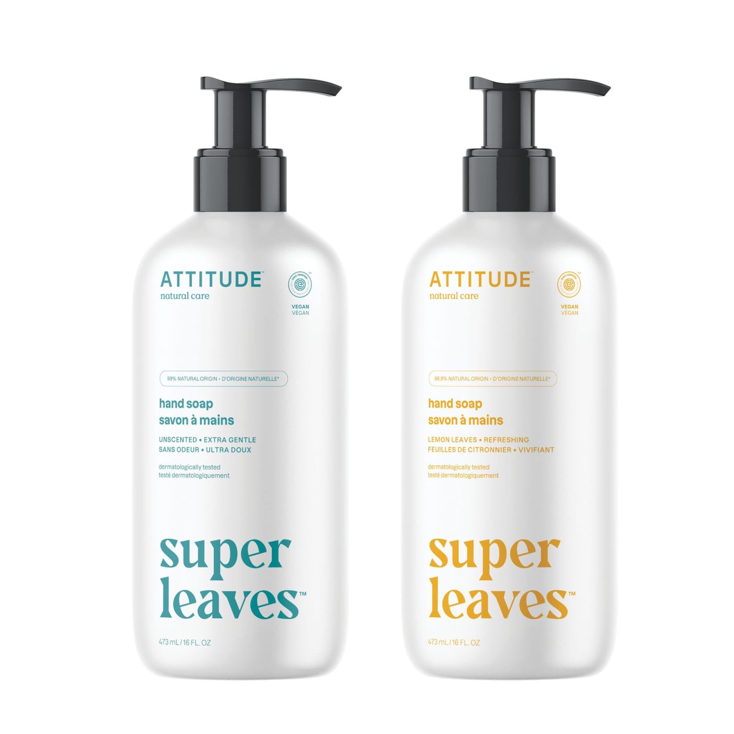 Bundle of ATTITUDE Liquid Hand Soap, EWG Verified, Plant and Mineral-Based, Vegan Personal Care Products, Lemon Leaves, 16 Fl Oz + Unscented, 16 Fl Oz