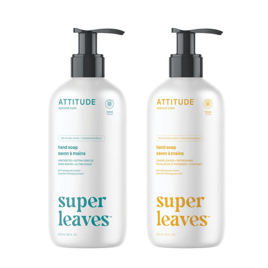 Bundle of ATTITUDE Liquid Hand Soap, EWG Verified, Plant and Mineral-Based, Vegan Personal Care Products, Lemon Leaves, 16 Fl Oz + Unscented, 16 Fl Oz
