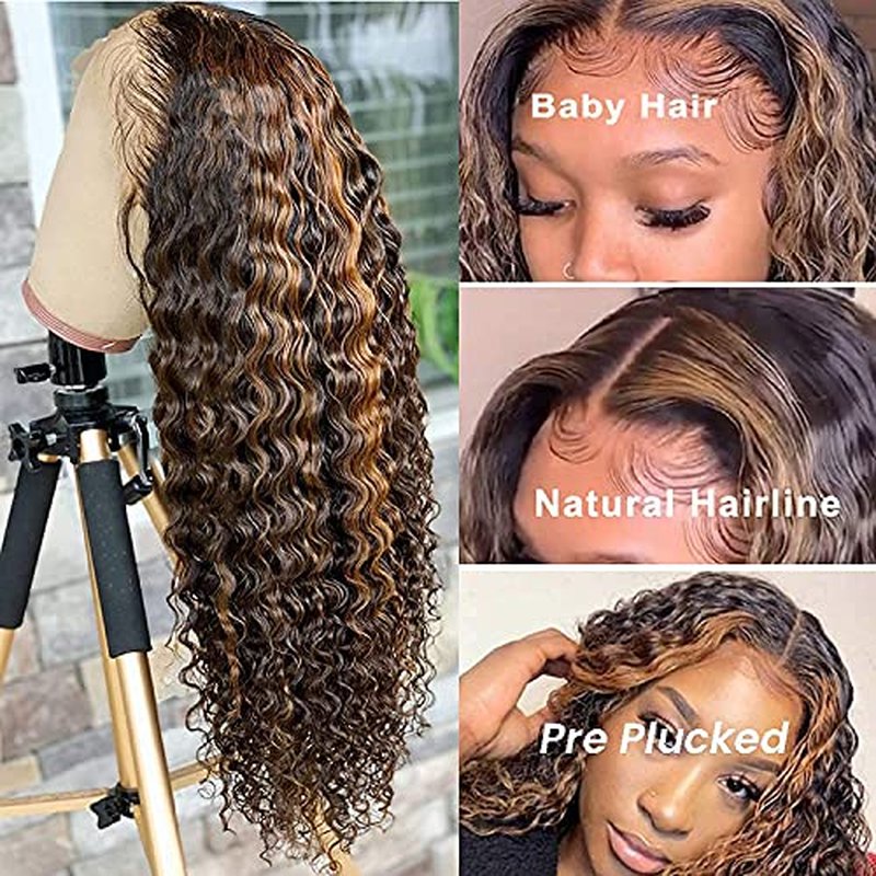 BLY Highlight Human Hair Lace Front Wigs Deep Wave #4/27 Ombre Colored Glueless Wigs Pre Plucked 20 Inch 4x4 Transparent Curly Water Wave Lace Wig Honey Blonde Real Human Hair 180% Density