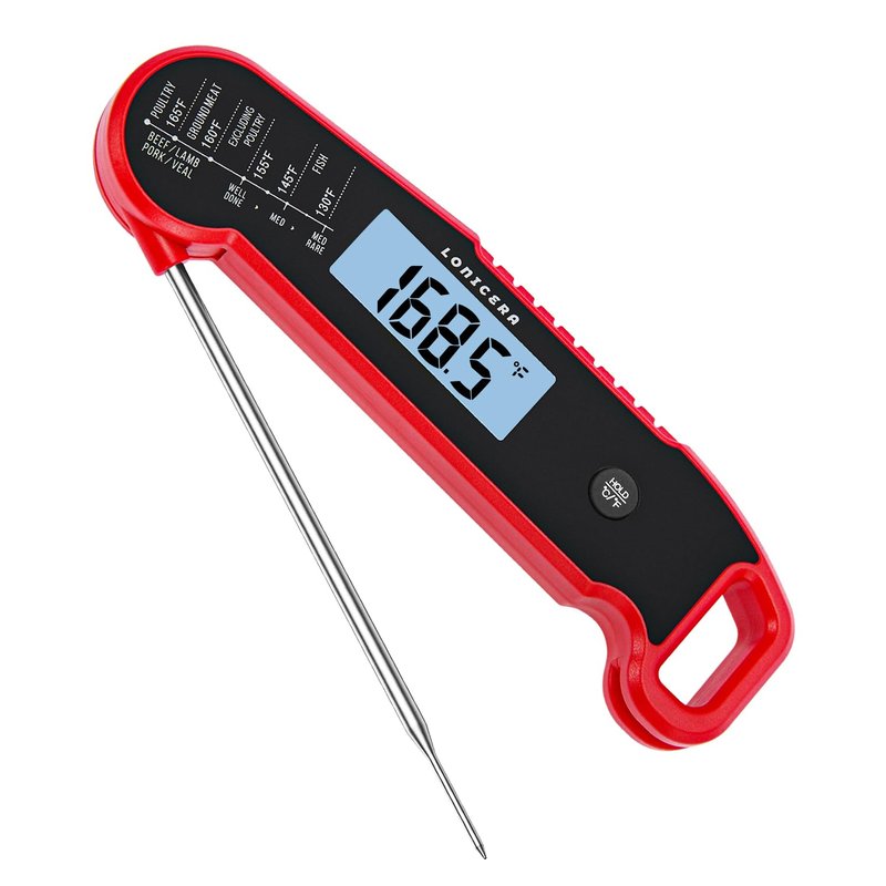Lonicera Digital Meat Thermometer for Food Cooking. Instant Read Within 1 Sec and ±0.9℉Accuracy with Thermocouple Sensor. IP67 Waterproof, Auto-Rotating Display, Auto Wake up (Red)