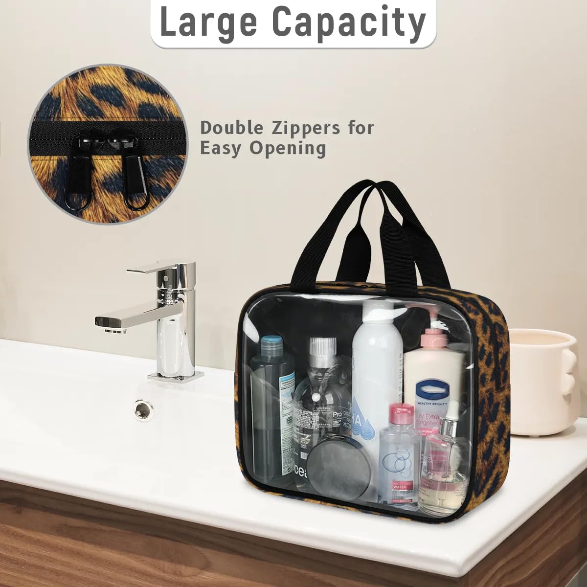 PATTERNFUL Clear Makeup Bag for Women Men, 3Pcs Transparent Cosmetic Bags Waterpoof Toiletries Set Portable Toiletry Bags with Zipper for Travel Bathroom(Leopard)