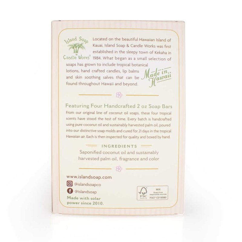 Island Soap & Candle Works Scented Coconut Soap Sample Pack, Four 2oz. Bars, Creamy Coconut, Plumeria, Pikake, Mango Coconut Guava