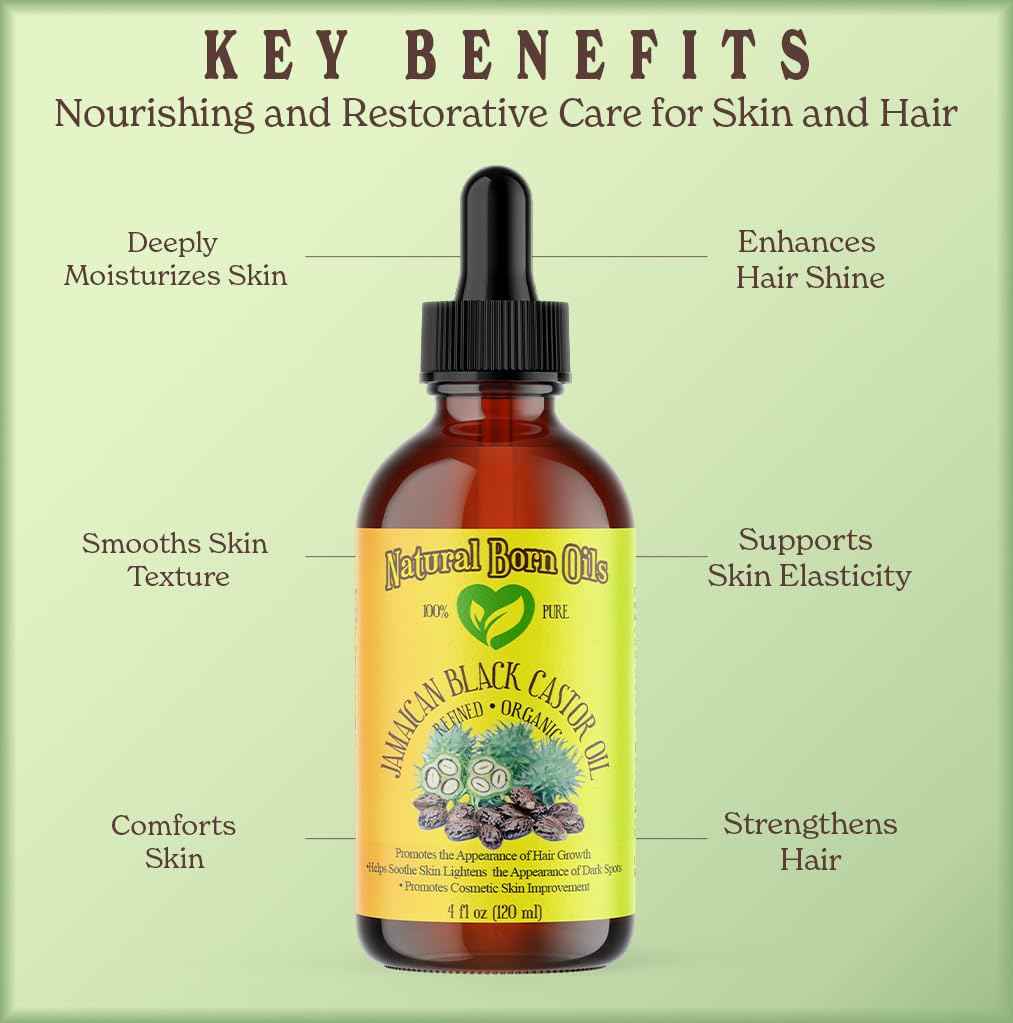 Natural Born Oils Jamaican Black Castor Oil, 16oz, Organic, Cold-Pressed, Fatty Acids, Deep Hydration for Skin, Hair Restoration