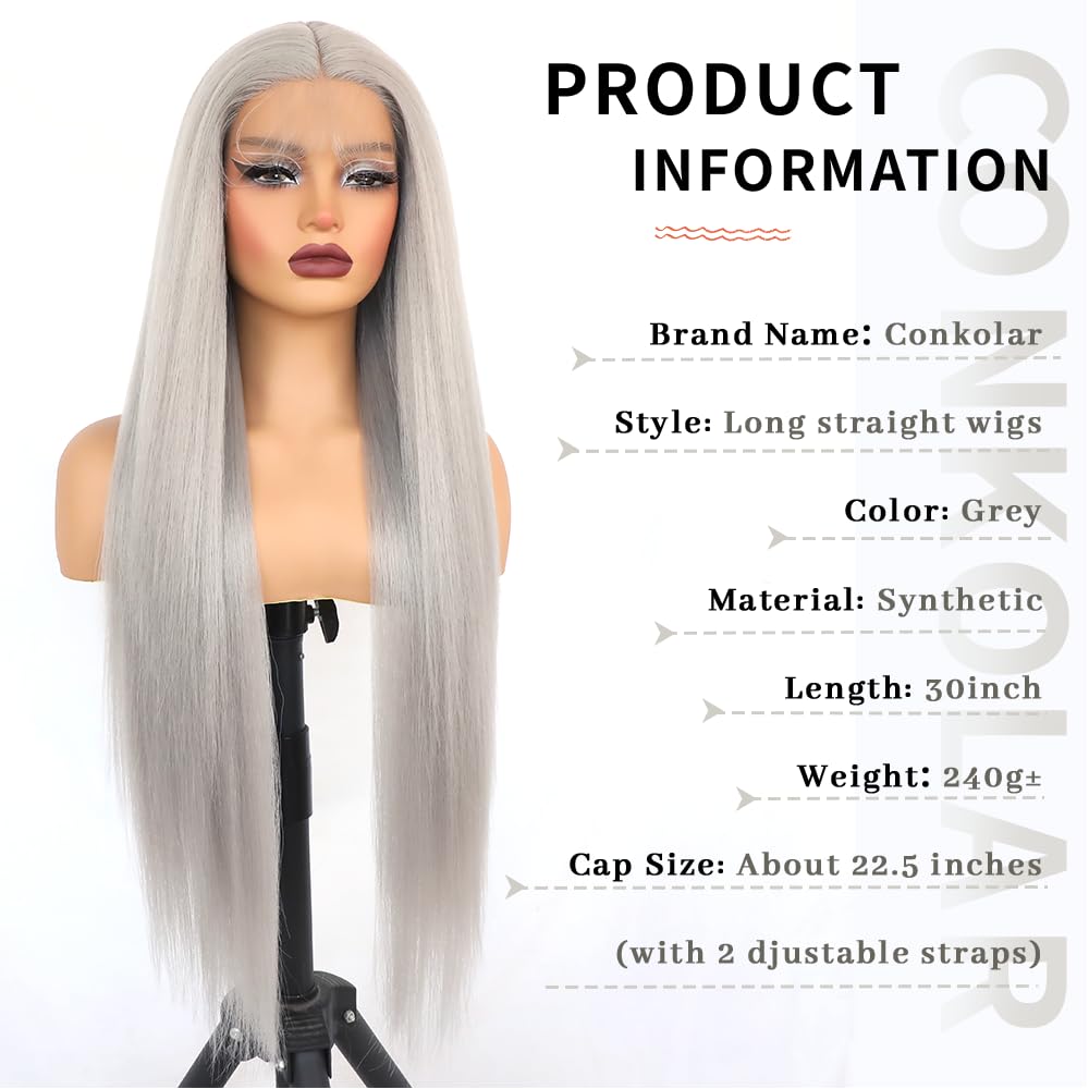 Conkolar Long Hair Wigs for Women Gray Color Synthetic Lace front Wig Middle Part Natural Hairline Pre-Plucked Long Straight Wigs