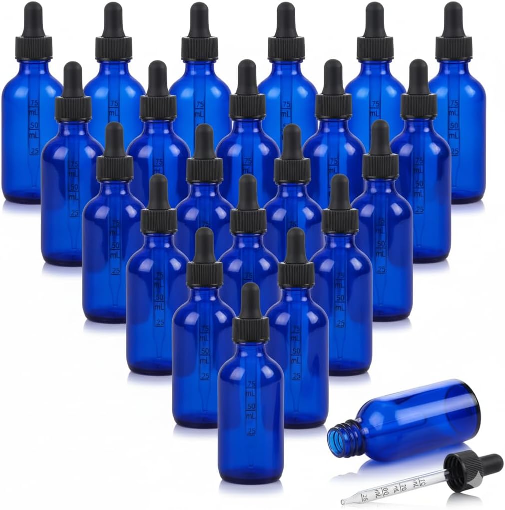 Cobalt Blue Dropper Bottles - 20 Pack 4 oz Measurement Dispensers for DIY Essential Oils, Hair Serums & Skincare | Refillable 120ml for Home & Travel