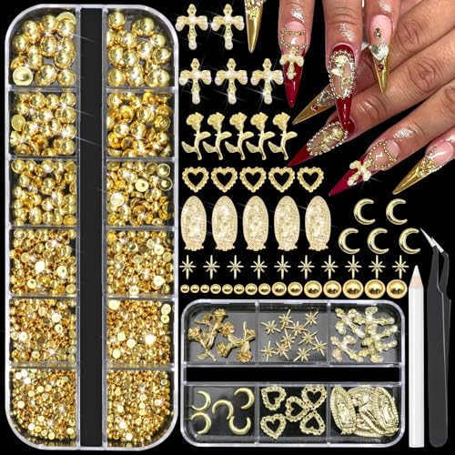 BELICEY 2 Boxes 3D Nail Charms Mix Gold Star Cross Virgin Mary Charms for Nails Gold Flatback Nail Pearls Nail Decoration Gems Pearls for Nails Jewelry for DIY Nail Art Supply Accessories Crafts