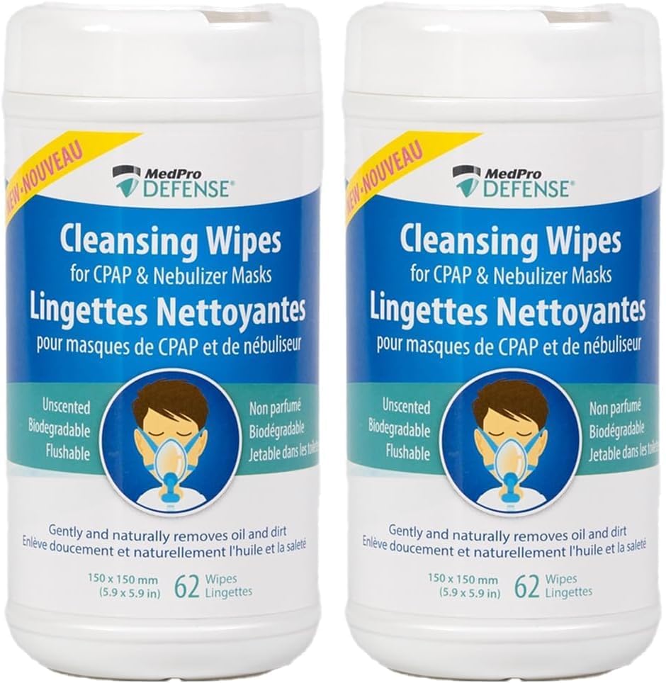 MedPro Defense CPAP Mask Cleansing Wipes for Daily Cleaning, Gently Removes Dirt and Oil, Biodegradable, Unscented, Lint-Free, and Flushable 62 count