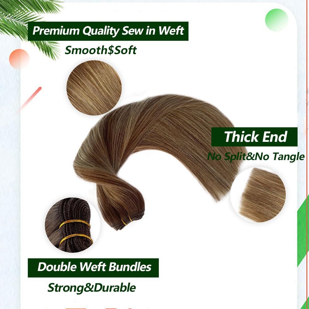 Balayage Highlights Hair Extensions Real Human Hair Sew in Double Weft Weave Bundles Hair Extension Ombre Chestnut Brown to Ash Blonde 14 Inch 80G