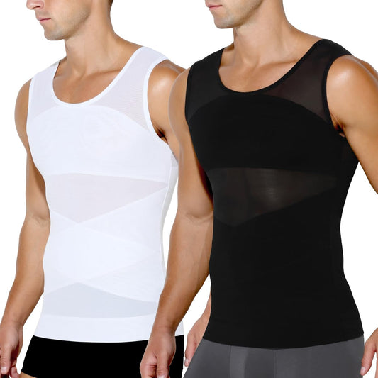 Arjen Kroos Men's Body Shaper Compression Mesh Tank Top Undershirts Shapewear,WHITE/BLACK-ML4005,L