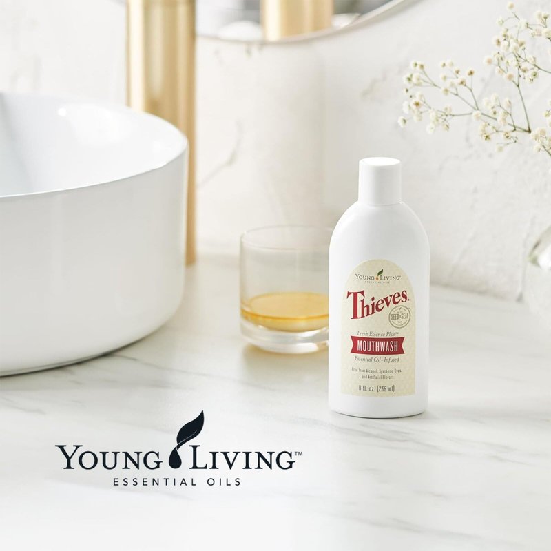 Young Living Thieves Fresh Essence Plus Mouthwash | 8 fl oz | Alcohol-Free and Fluoride-Free | Enhanced with Essential Oils | Peppermint, Rosemary, Lemon, & Cinnamon Oils