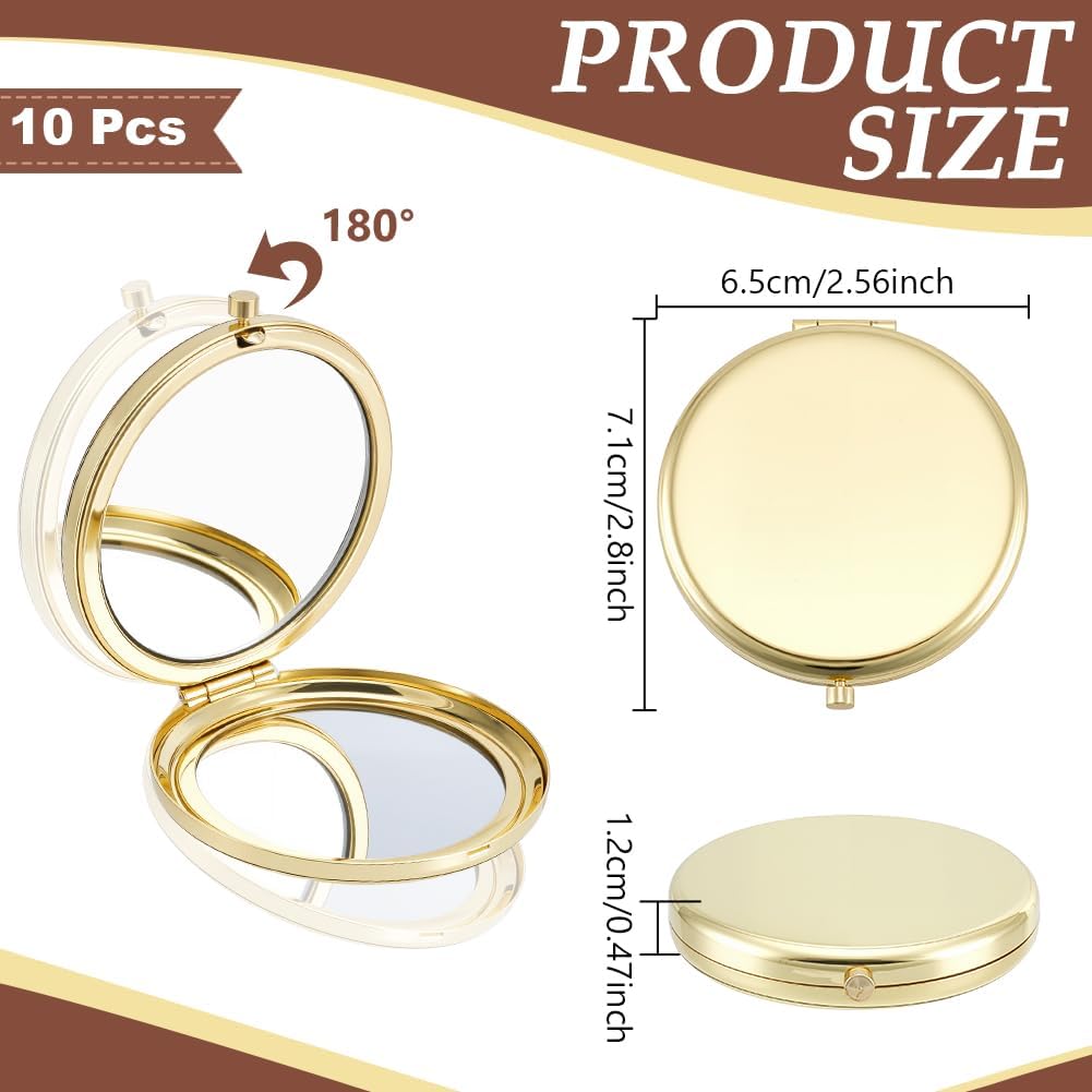 10 Pcs Small Folding Makeup Pocket Mirror - Golden Double-Sided 1X/2X Magnifying Round Mirrors for Travel & Work