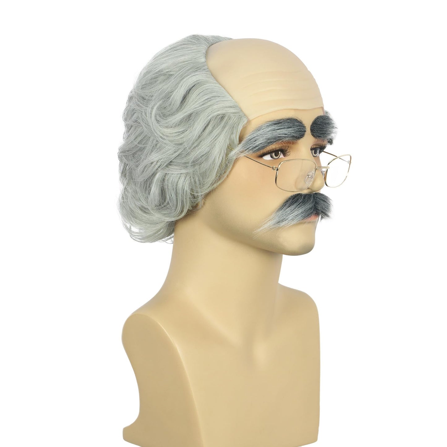 karlery Old Man Short Gray Wig with Moustache Eyebrow and Glasses Funny Grandpa Bald Cap Heat Resistant Synthetic Fiber Fluffy Soft Cosplay Event Costume Halloween Party Wig