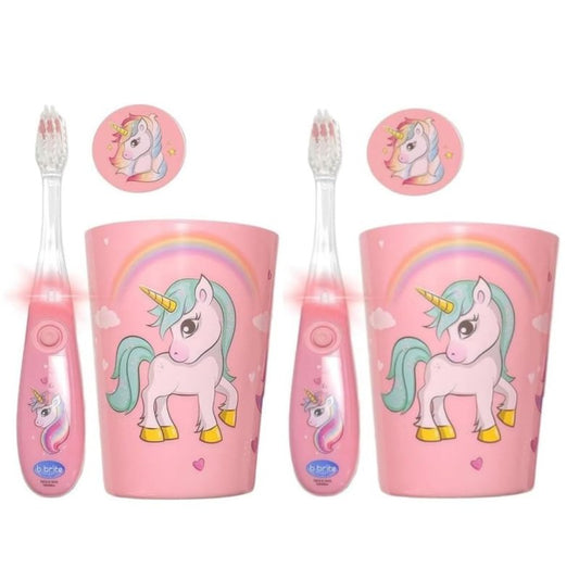 Lily's Home Kids Flashing Timer Toothbrush with Soft Bristles, Rising Cup & Cover - Fun 2-Min Light-Up Brushing for Children - Toddler Toothbrush Kit (Unicorn) - Set of 2