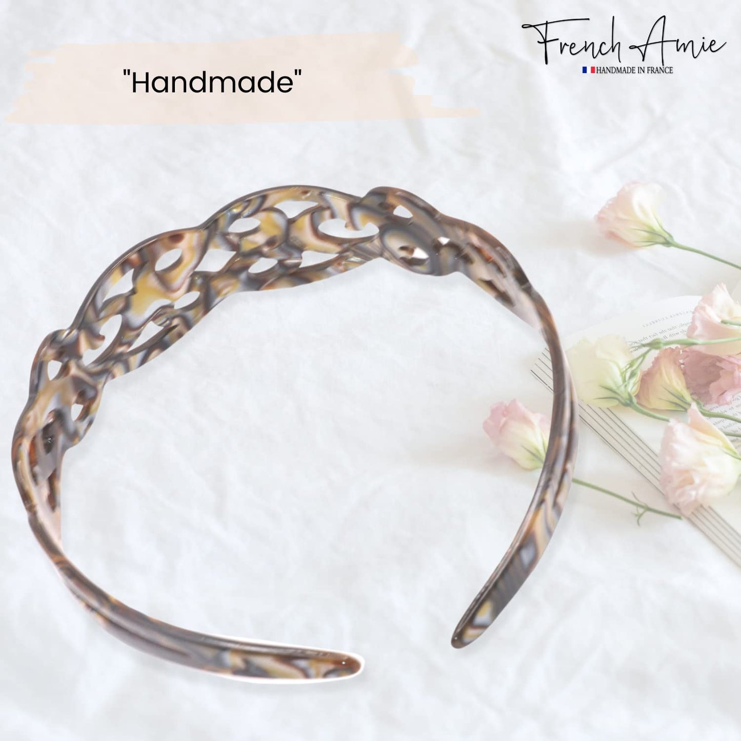 French Amie Filigree Wide 1" Celluloid Acetate Handmade Head bands Fashion Flexible Non Slip Durable Styling Women Hair Accessories, Made in France (Silver Onyx Gray)