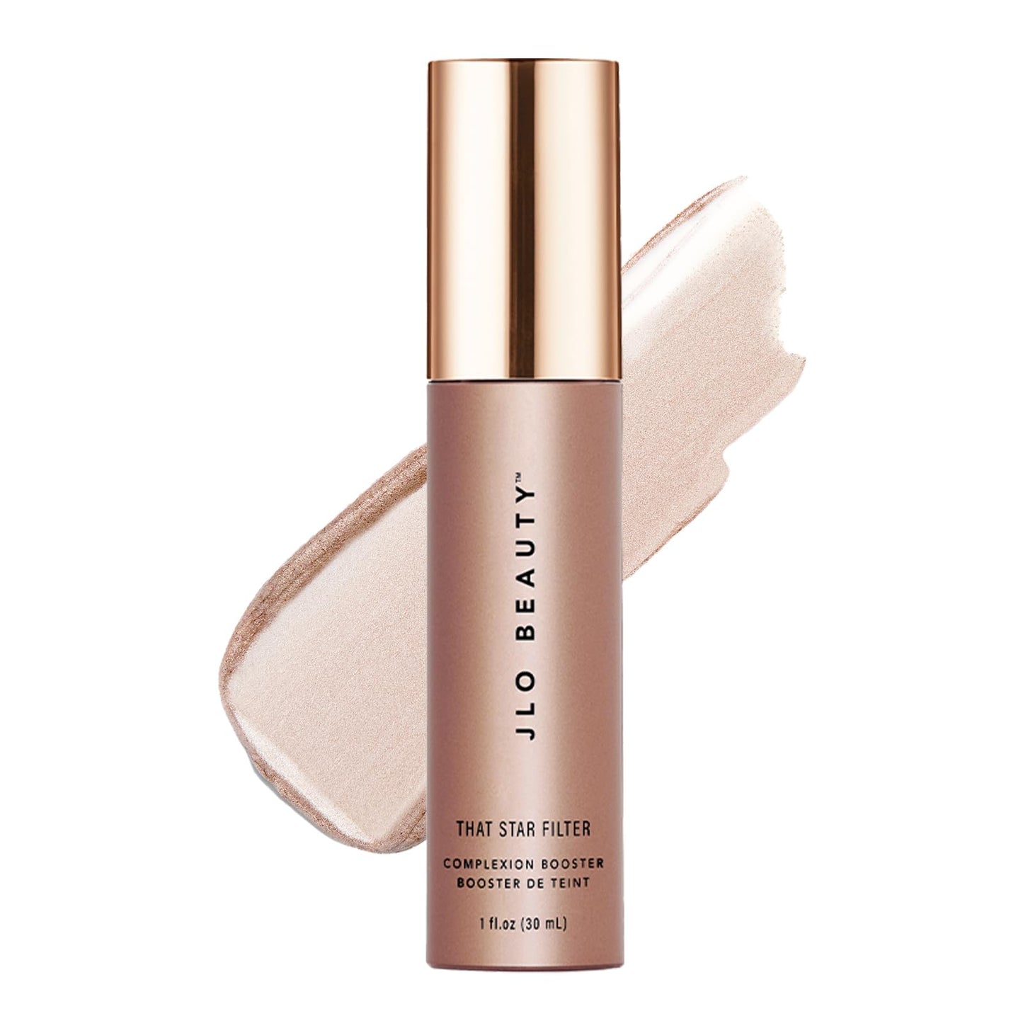 JLO BEAUTY Makeup Highlighter & Bronzer for Face & Body, Liquid Complexion Booster, Illuminating Primer Glow Drops with Vitamin E, Sheer Dewy Skin Tint, That Star Filter, Pink Champagne, 1 Fl Oz