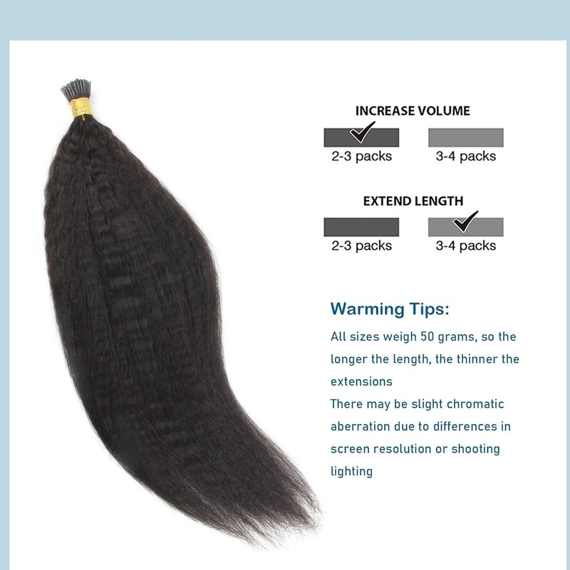 Kinky Straight Hair Extensions for Black Women - 14 Inch Remy Human Hair | 50 Strands I-Tips