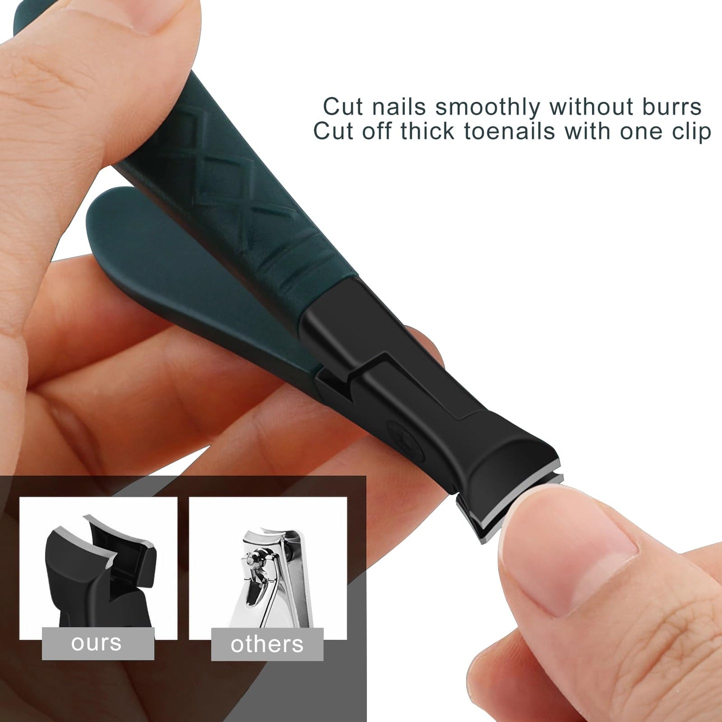 Glamne Nail Clippers for Thick Nails with Catcher, Wide Jaw Fingernail and Toenail Cutter for Seniors with Crystal Nail File Cuticle Fork and Storage Case(Dark Green)