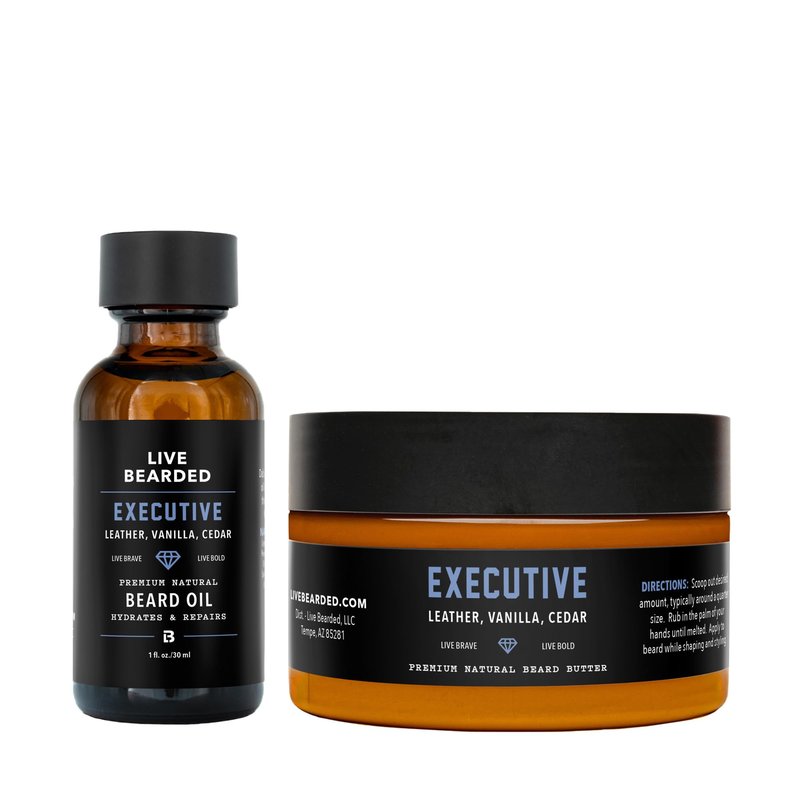 Live Bearded Beard Oil and Butter Grooming Kit - Made in the USA - All-Natural Ingredients with Shea, Argan, Jojoba - Growth Support | Executive Scent - Cedar, Vanilla