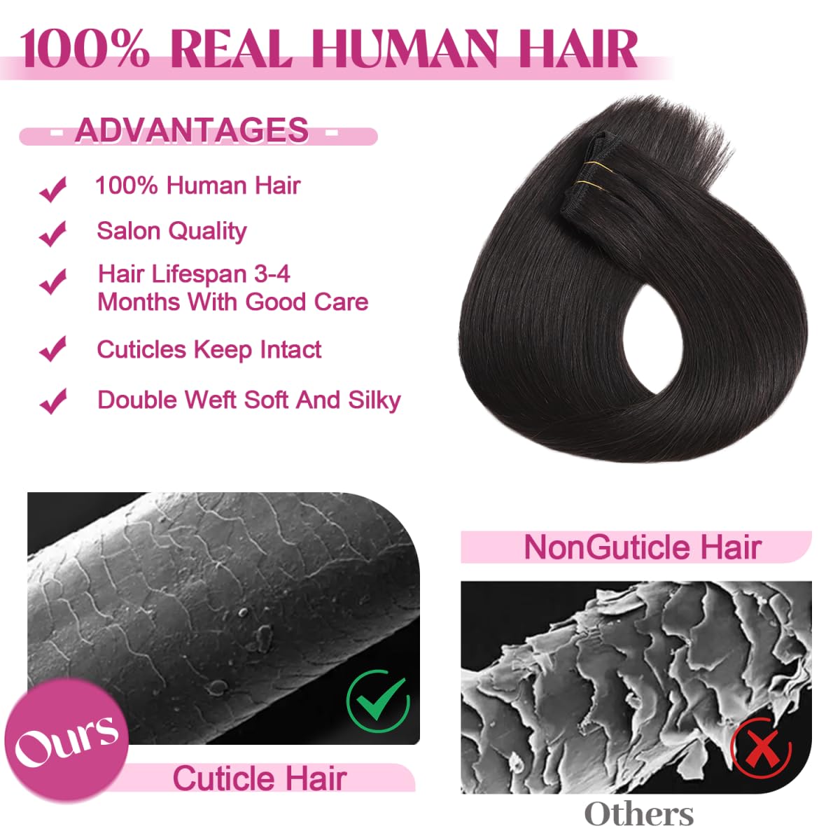 POGINJA Clip in Hair Extensions Real Human Hair, Remy Human Hair Clip in Extensions for Black Women, Invisible Natural Straight Seamless Clip ins Hair Extensions 8pcs Double Weft #1B 16inch 90g