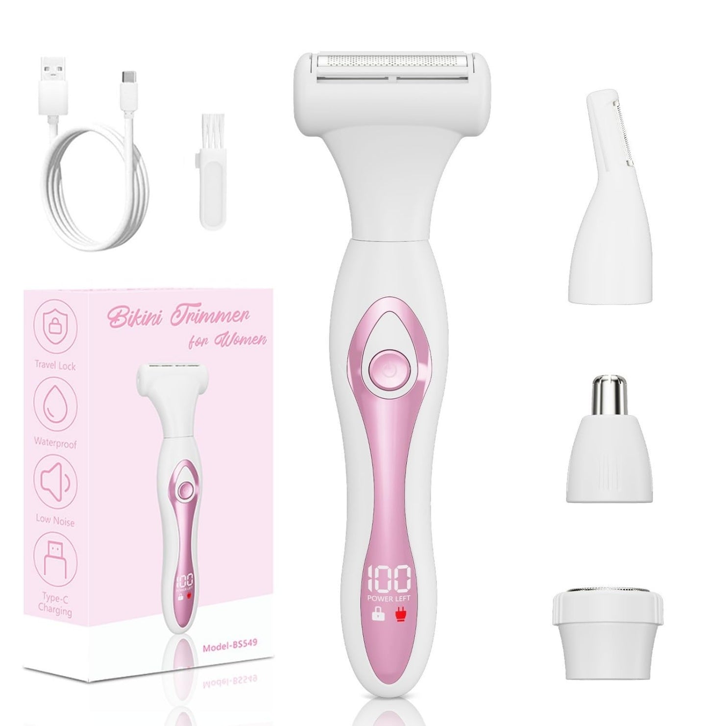 SilkGlow Bikini Trimmer Electric Razor for Women, 4-in-1 Rechargeable, Pink