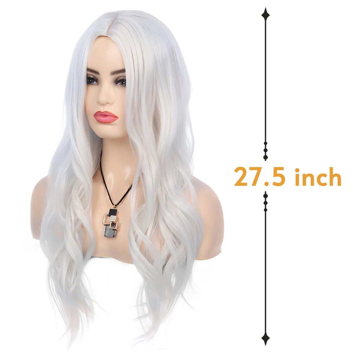 RicHyun Long Curly Wavy White Wig Middle Part Cosplay Wig Synthetic Heat Resistant Costume Halloween Wigs for Women Girls