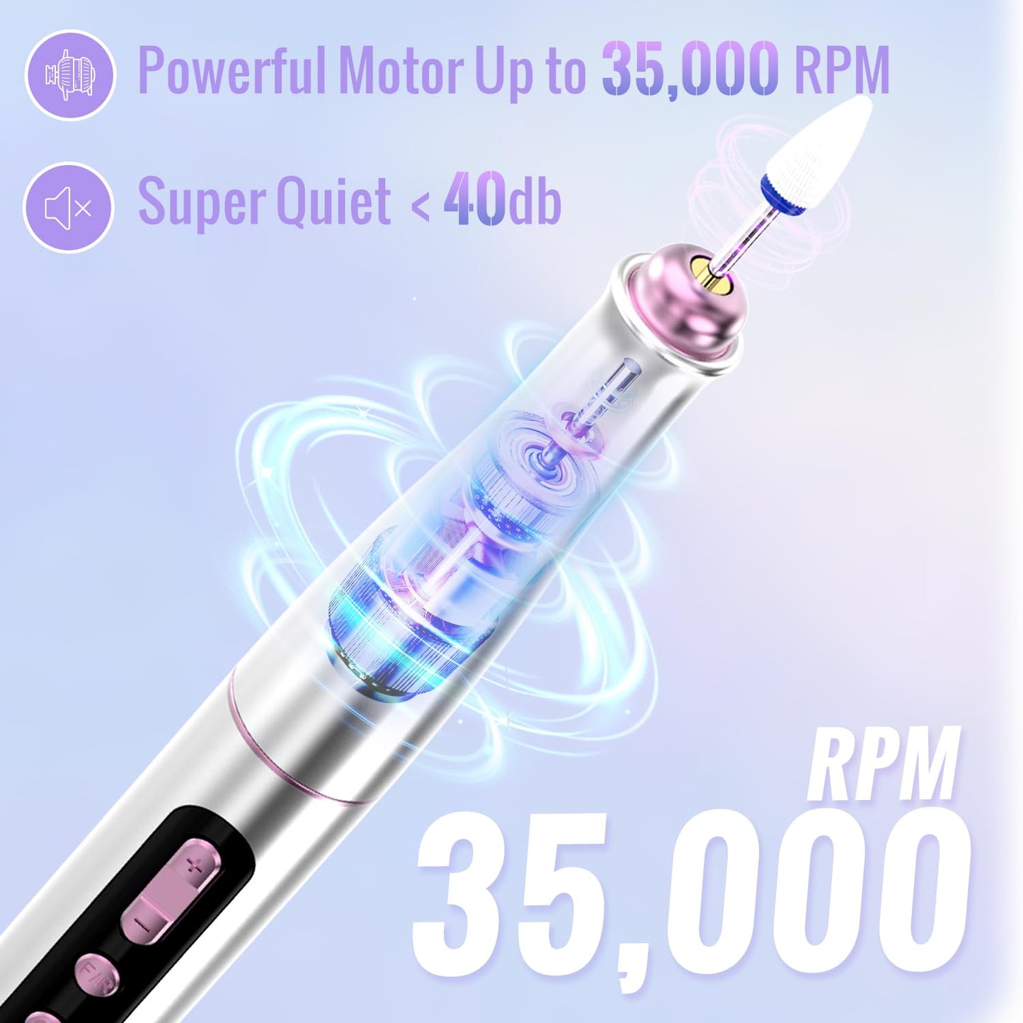 Denabuty Cordless Electric Nail Drill Machine, 13 in 1 Nail File Kit 35000RPM Professional Portable Rechargeable E File for Acrylic Polish Gel Removal Manicure Pedicure Set with 5 Speeds Violet