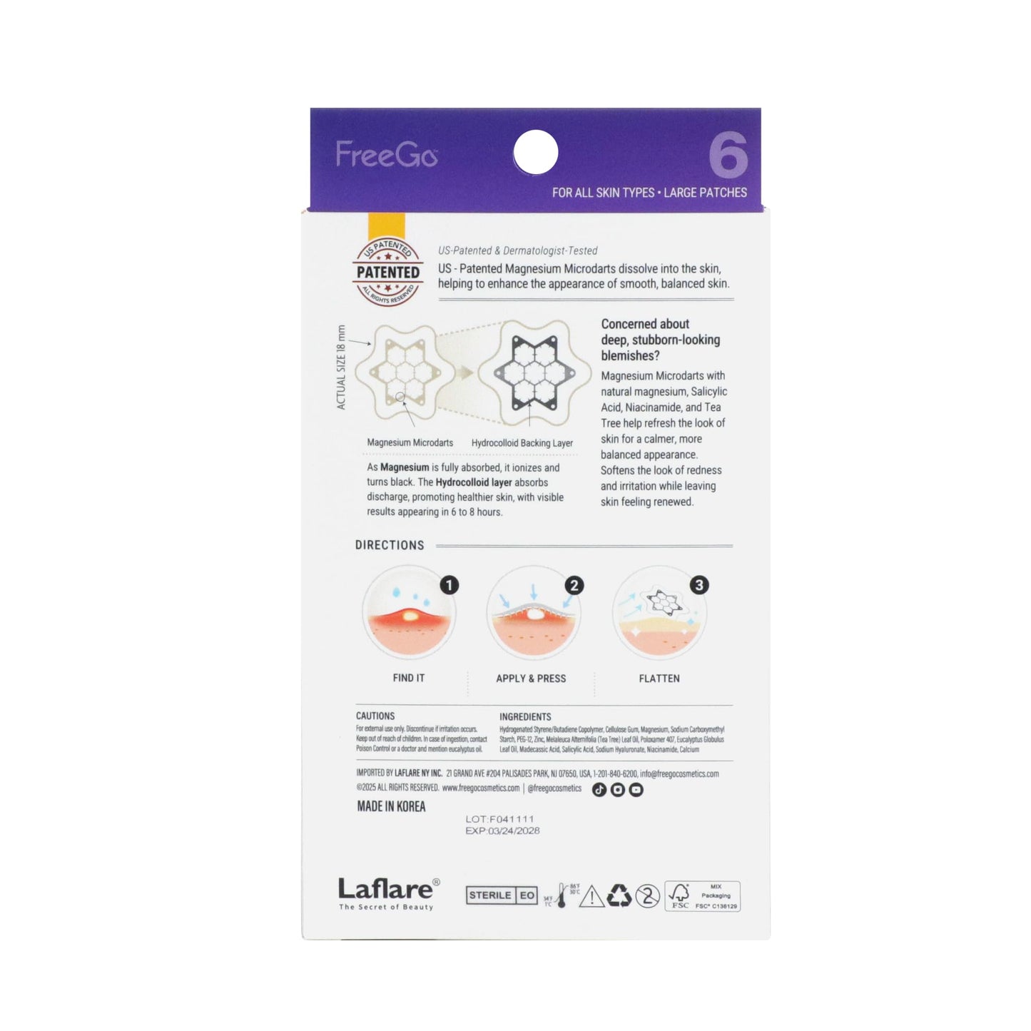 FreeGo Magnesium Blemish Microdarts Pimple Patch | Fast-Acting | Quick Calming | 99.9% Pure Magnesium | Madecassic Acid | Tea Tree | Eucalyptus Leaf | Hydrocolloid Spot Care Patch | Large | 6 Patches