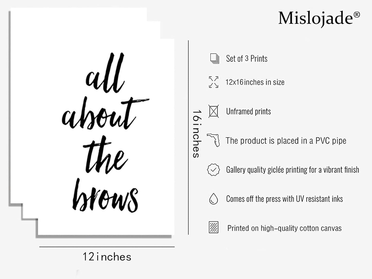 Eyebrow Art Prints - Beauty Salon Canvas Wall Art | Black & White Eyebrow Quotes | 12x16 Inch Unframed Set of 3
