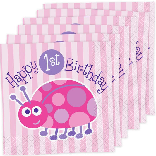 Unique Ladybug 1st Birthday Beverage Paper Napkins | 5" x 5" | 16 Pcs, 16ct, Pink