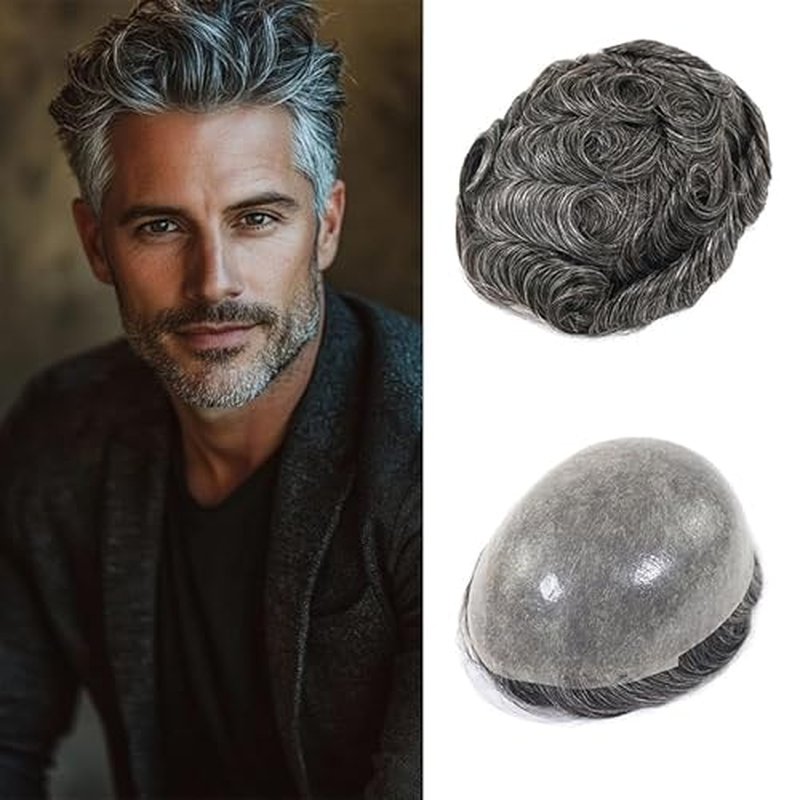 0.03mm Thin Skin Human Hair Men Toupee Brown Full PU Base Hairpiece For Men Wig Natural Wave Styles Human Hair Mens Wigs Replacement Systems 8x10 Size (#1B40)