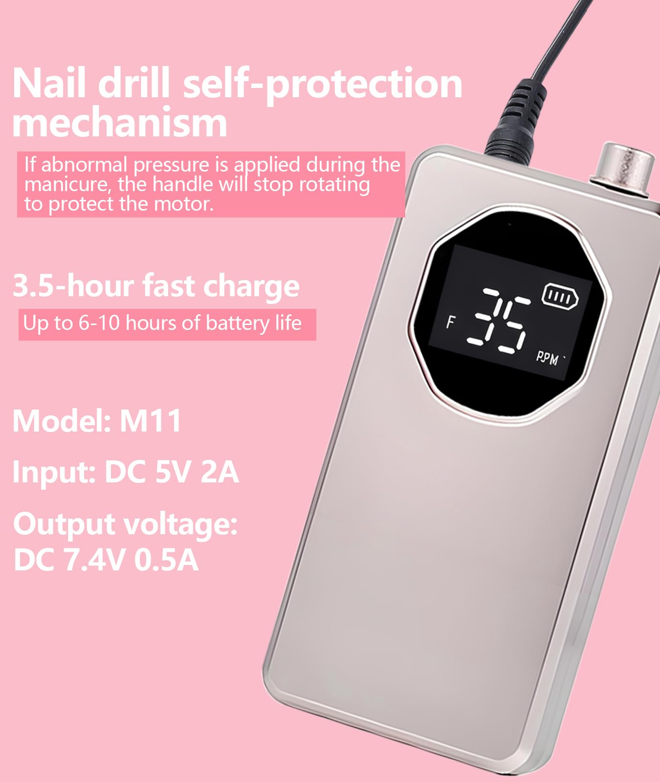 Professional Nail Drill High Torque 35000 RPM Rechargeable Portable Electric Nail File Filer for Acrylic Gel with Cuticle Bits, Salon Manicure Tool, Rose Gold