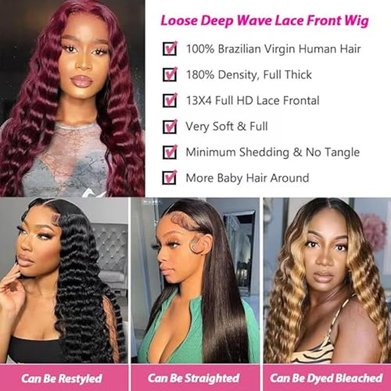 Burgundy Wig Human Hair Wigs for Black Women13x4 Deep Wave Lace Front Wigs Pre Plucked 200% Density 99j Loose Deep Wave Wigs Red Wine Virgin Glueless Wig22 Inch