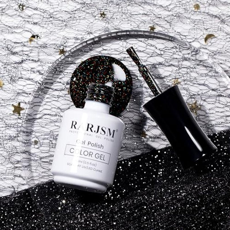RARJSM Gel Nail Polish Black Glitter Sparkly Chunky Iridescent Rainbow Shimmer Pigments Nail Gel Polish Soak off Led UV Curing Required for Nail Art Salon Manicure 15ml Fall Winter Christmas
