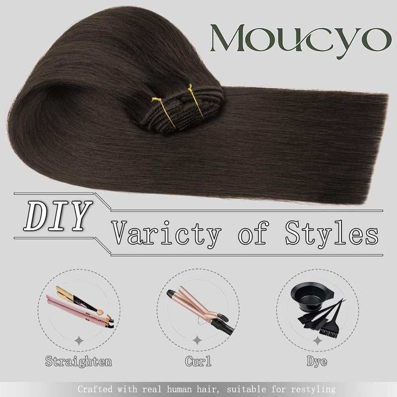Real Human Hair Clip-In Extensions - 100% Brazilian Remy, Seamless & Invisible | 16 Inch, 7pcs, #2 Dark Brown