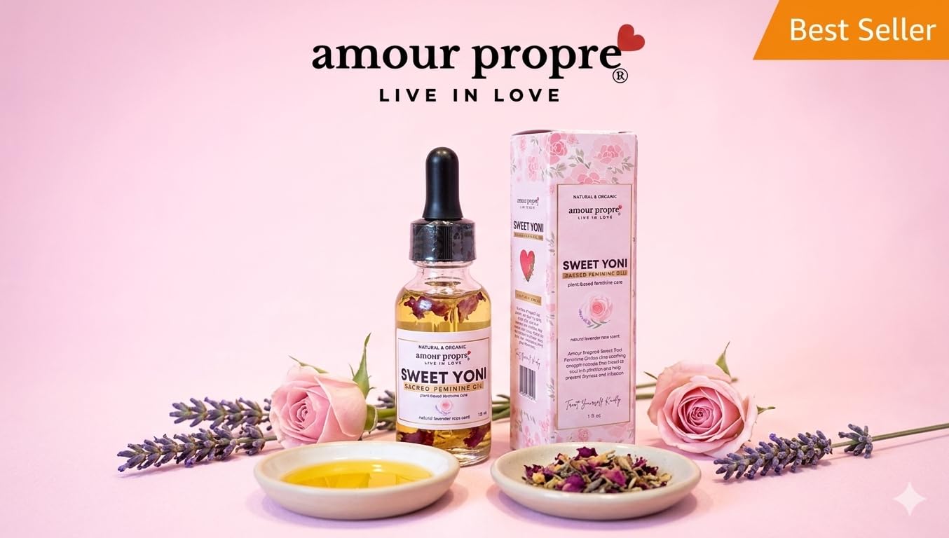 Amour Propre® Sweet Yoni - Sacred Feminine Oil | 1oz | Eliminates Odor, Restores PH Balance, Heals and soothes, Organic, Herbal Yoni Blend Made with Lavender, Rose & Chamomile Oils