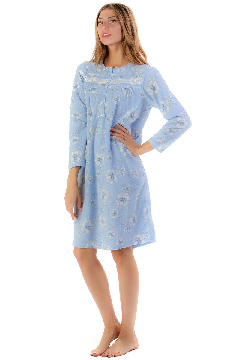 Casual Nights - Cozy Fleece Long Sleeve Nightgowns for Women | Floral Print & Lace | Warm Sleepwear & Lounging | Soft Microfleece, Crew Neck, Button Closure | Blue - 3XL