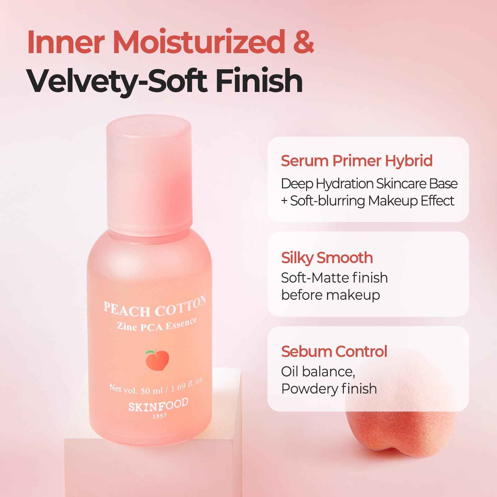 SKINFOOD Peach Cotton Zinc PCA Essence Serum Primer, Korean Skin Care Makeup Prep Hybrid Face Serum, Blurring Matte, Sebum & Oil Control, Hydrating Primer for Sensitive, Oily Skin (1.69 fl. oz.)