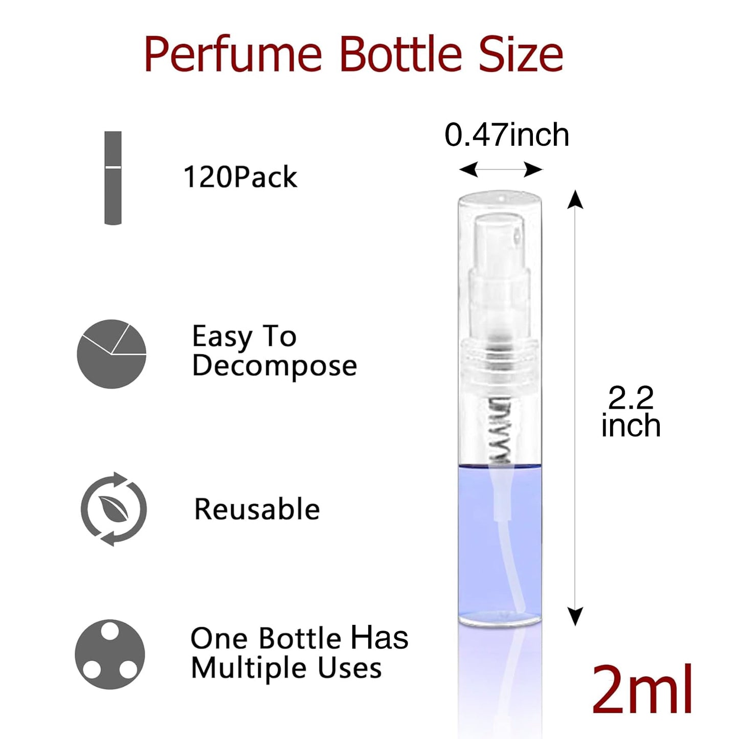 Csdtylh Mini Spray Bottle, Clear Plastic Empty Sample Containers, Fine Mist Perfume Travel Refillable Spray Bottle Perfume Atomizer Small Portable Bottle for Cleaning, Travel, Essential Oils(120, 2ml)