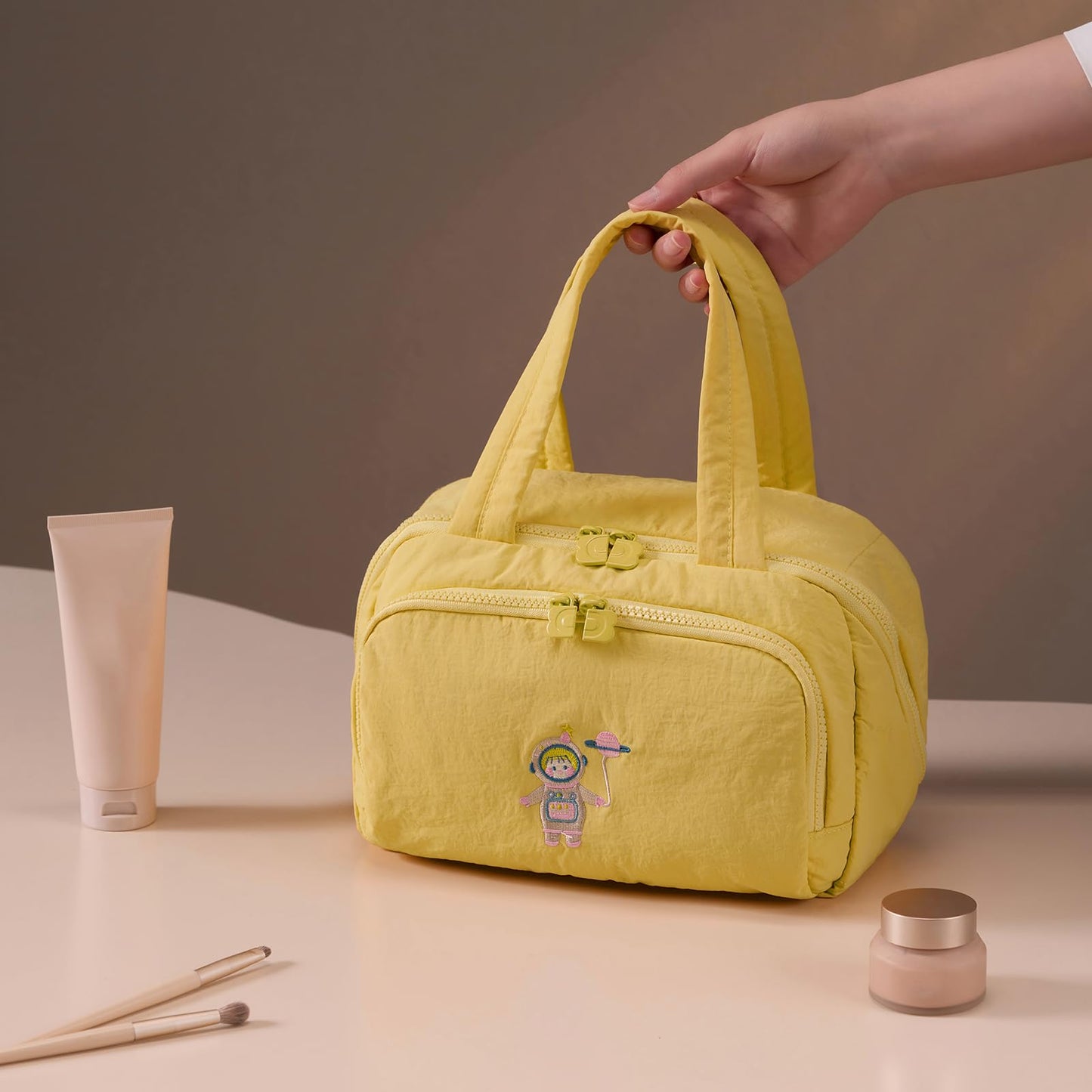 Dr.Cheese Makeup bag, Large Capacity Cosmetic Bag for Women, Portable Wide-open Toiletry Bag, Travel Makeup Bag with TPU Compartments for Accessories, Essentials, Toiletries, Makeup Brush Bag, Yellow