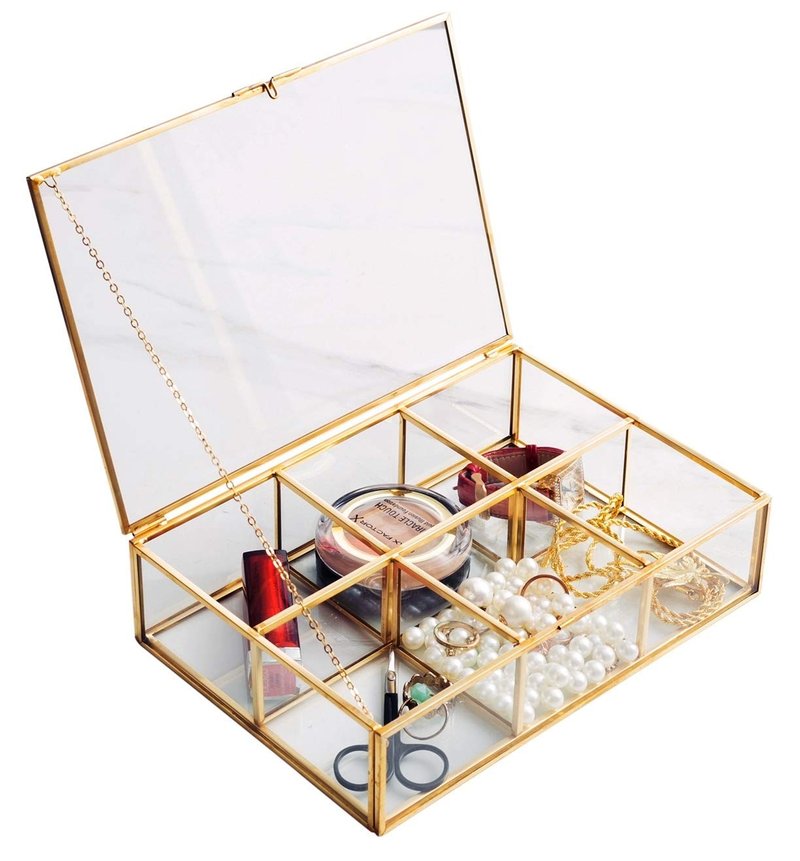 Golden Vintage Glass Box Clear Glass & Brass Metal Storage Jewelry and Cosmetic Makeup Lipstick Holder Organizer Beauty Display, 6 Compartment