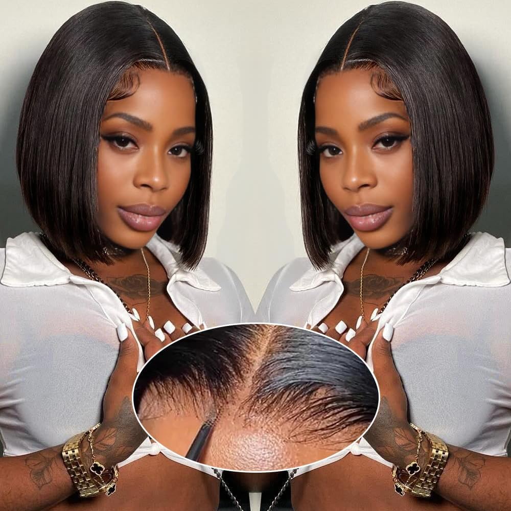 GUDOZO Bob Wig Human Hair 10 inch Glueless Wigs Human Hair Pre Plucked Pre Cut 4x4 HD Lace Front Glueless Wigs Human Hair 180% Density Short Straight Bob Wigs for Black Women
