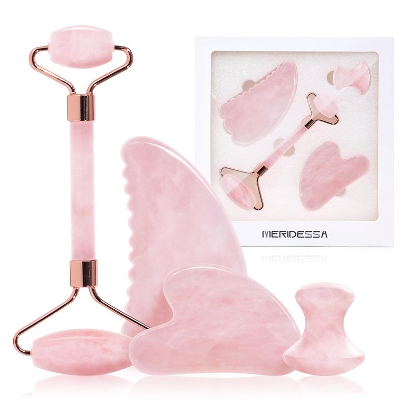 MERIDESSA Jade Roller & Gua Sha Set for Face – 4PCS Natural Facial Massage Tools Kit, Lymphatic Drainage Beauty Set for Depuffing, Skin Firming & Relaxation – Self Care & Gift Ready