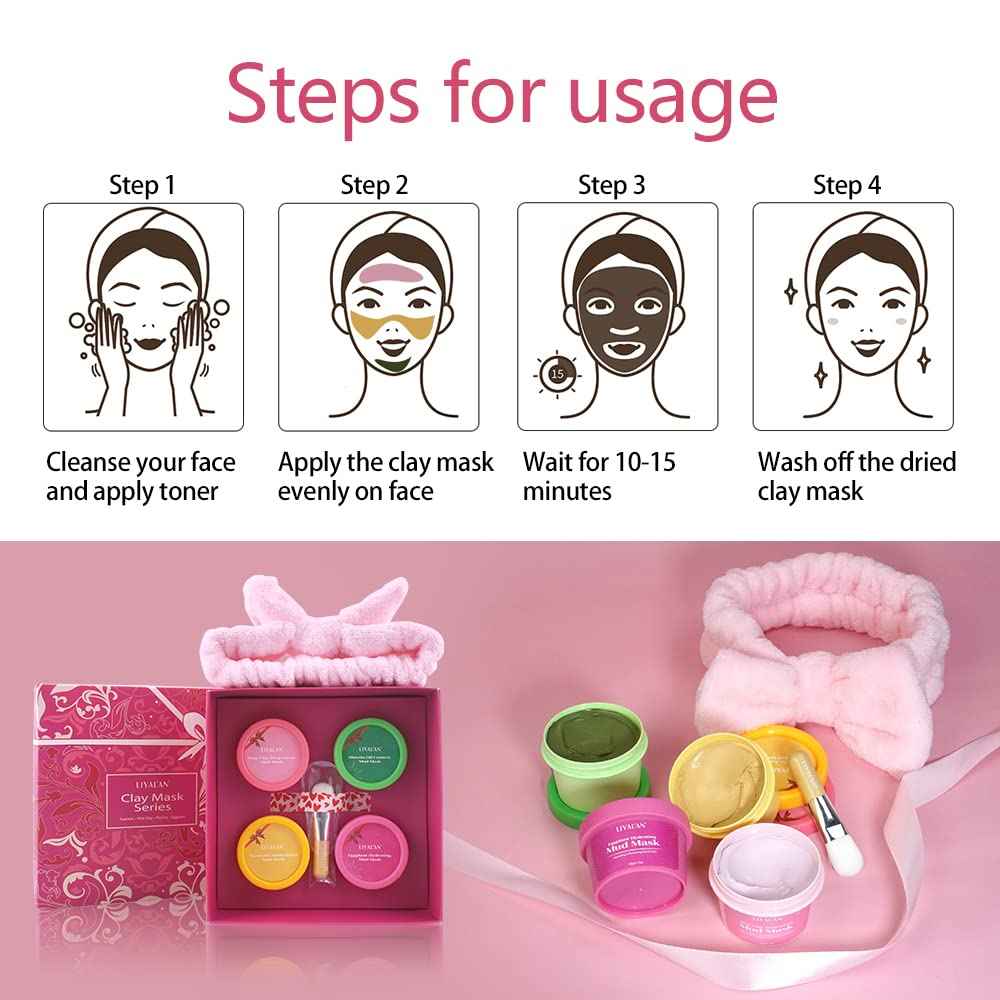 LIYALAN Face Clay Mask Set,Matcha Facial Mud,Eggplant Rose Face Skin Care, Turmeric Acne Facial Masks Gifts for Women, Deep Cleansing Pink 1.76 oz 4 pack