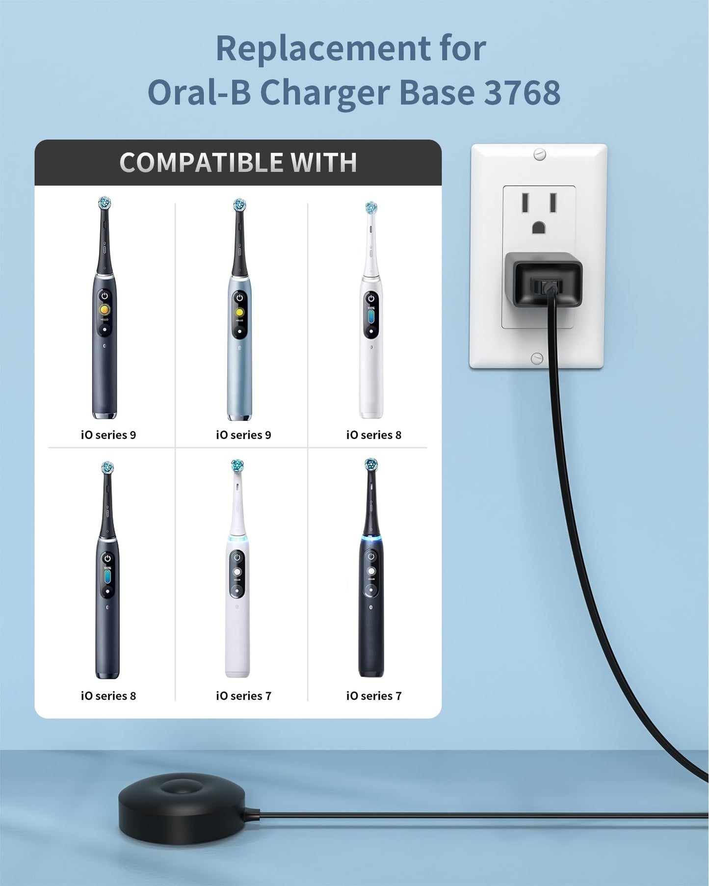 WUKUR for Oral B iO Charger Base, Compatible with Oral B iO Electric Toothbrush Series 7 8 9 10, Magnetic Travel Charging Base Model 3768, Power Cord (Black)