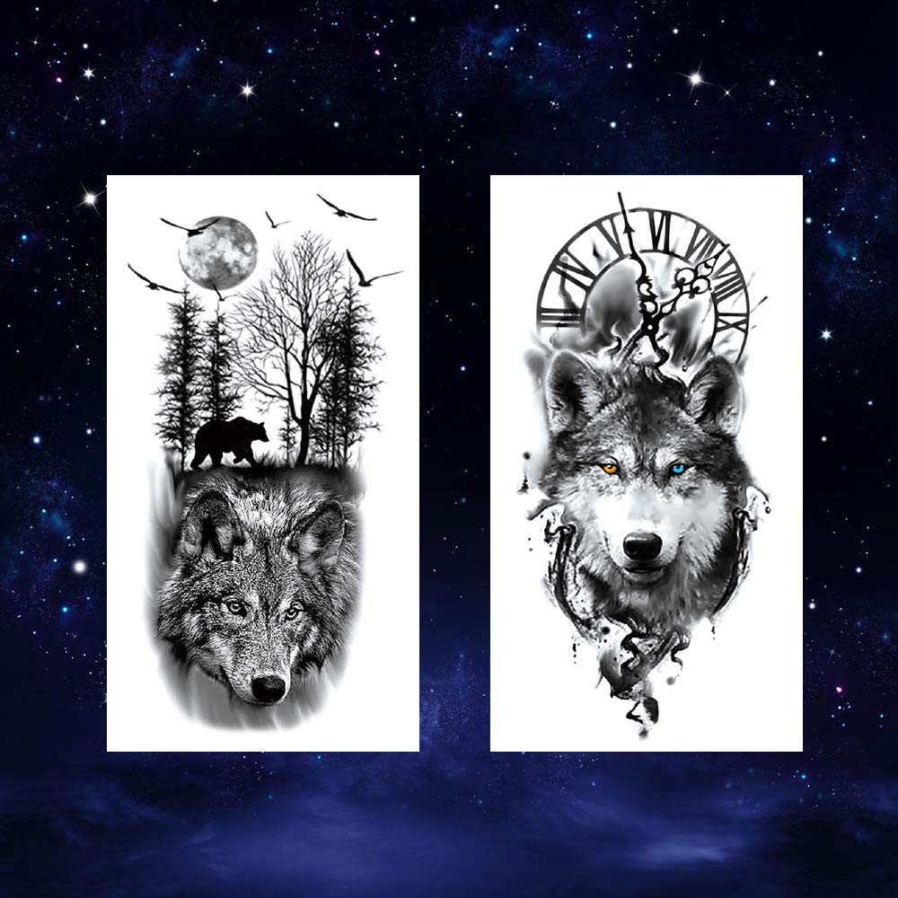 Oottati 8 Sheets Wolf Taichi Totem Skull Moon Forest Flower Arm Leg Temporary Tattoo