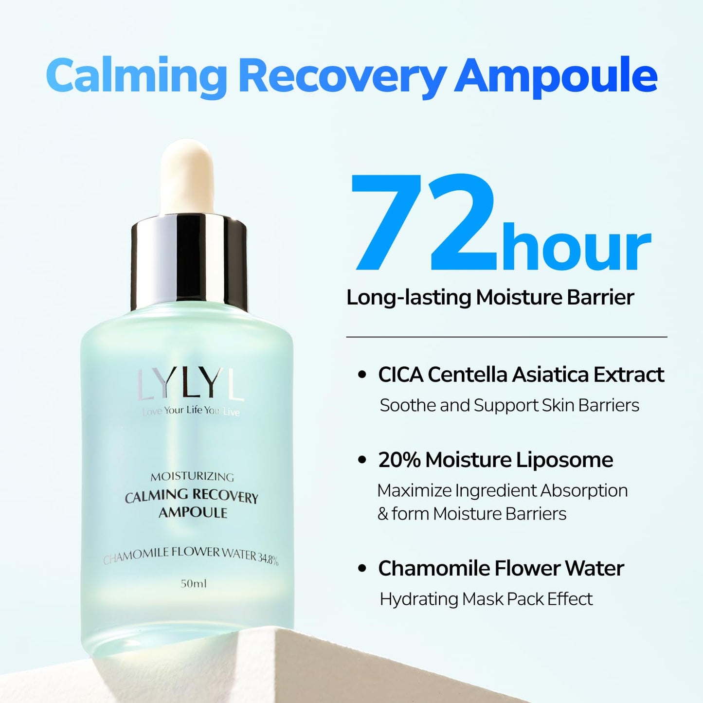LYLYL Calming Recovery Ampoule, 72 Hour Moisture Barrier, 7 Protein Peptides, Over 20% Liposome, Soothing & Hydrating Effect for Dry/Sensitive Skin, No Oil, Korean Skincare, 1.69 fl.oz/50ml