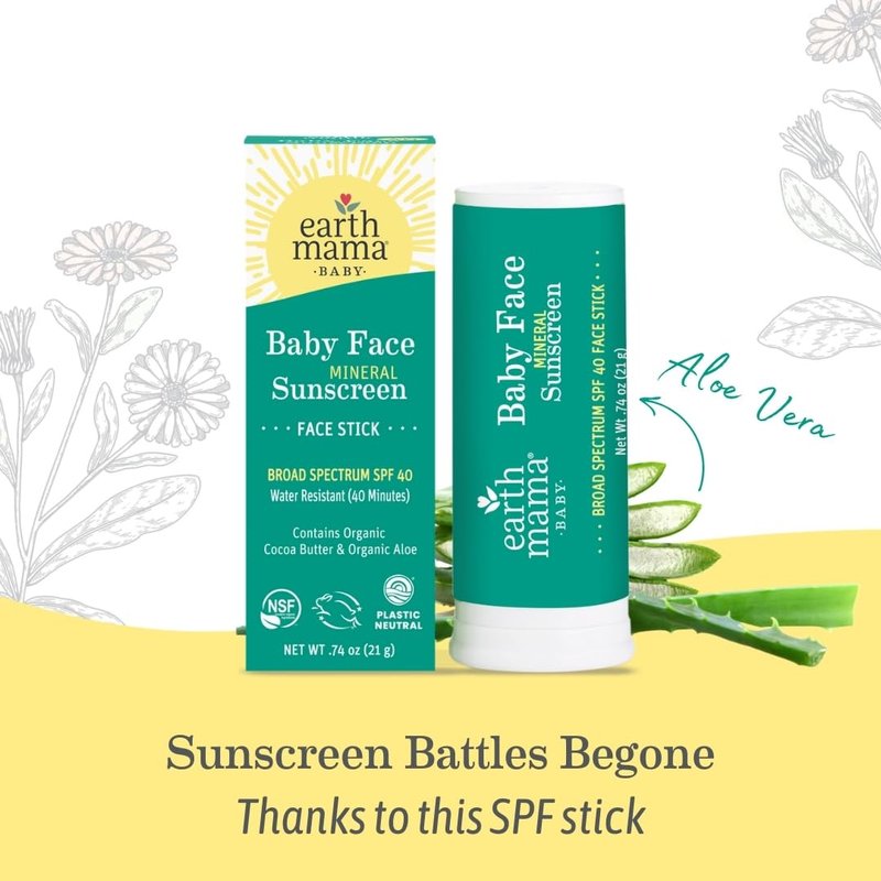 Earth Mama Baby Face Mineral Sunscreen Stick SPF 40 - (3 Pack) 0.74 oz - Non-Nano Zinc - Broad Spectrum Sunscreen for Babies, Kids & Family - Water Resistant Sun Protection