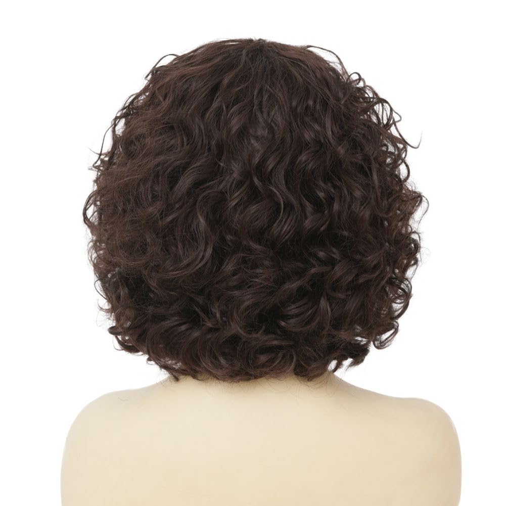 Kaneles Short Brown Curly Wig Womens Bob Wig with Bangs Shoulder Length Naturel Hair Wigs for Daliy Party Halloween Use
