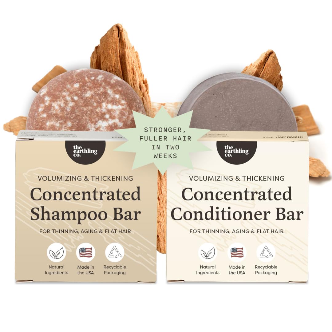 The Earthling Co Volumizing Shampoo & Conditioner Bar Set For Thickening, Fullness, Strength, and Growth - Sulfate, SIlicone, Paraben Free for Thin, Flat, Fine Hair - Made in USA (Sweet Sandalwood)