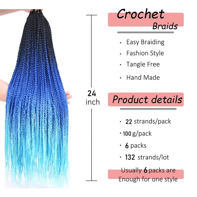 3X Goddess Pre looped Crochet Braids 6 Packs Ombre Blue Box Braids Crochet Hair for Black Women 24 Inch Braid Twist Knotless Straight Braiding Crochet Hair (T1/Blue/Light Blue#)